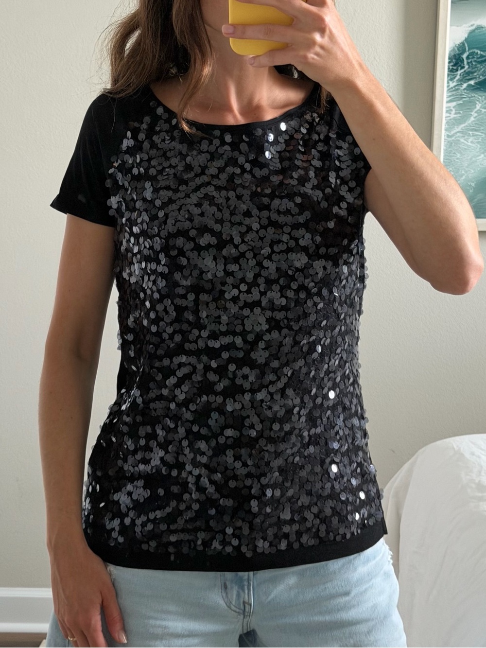 LOFT Black Sequin Short Sleeve Tee